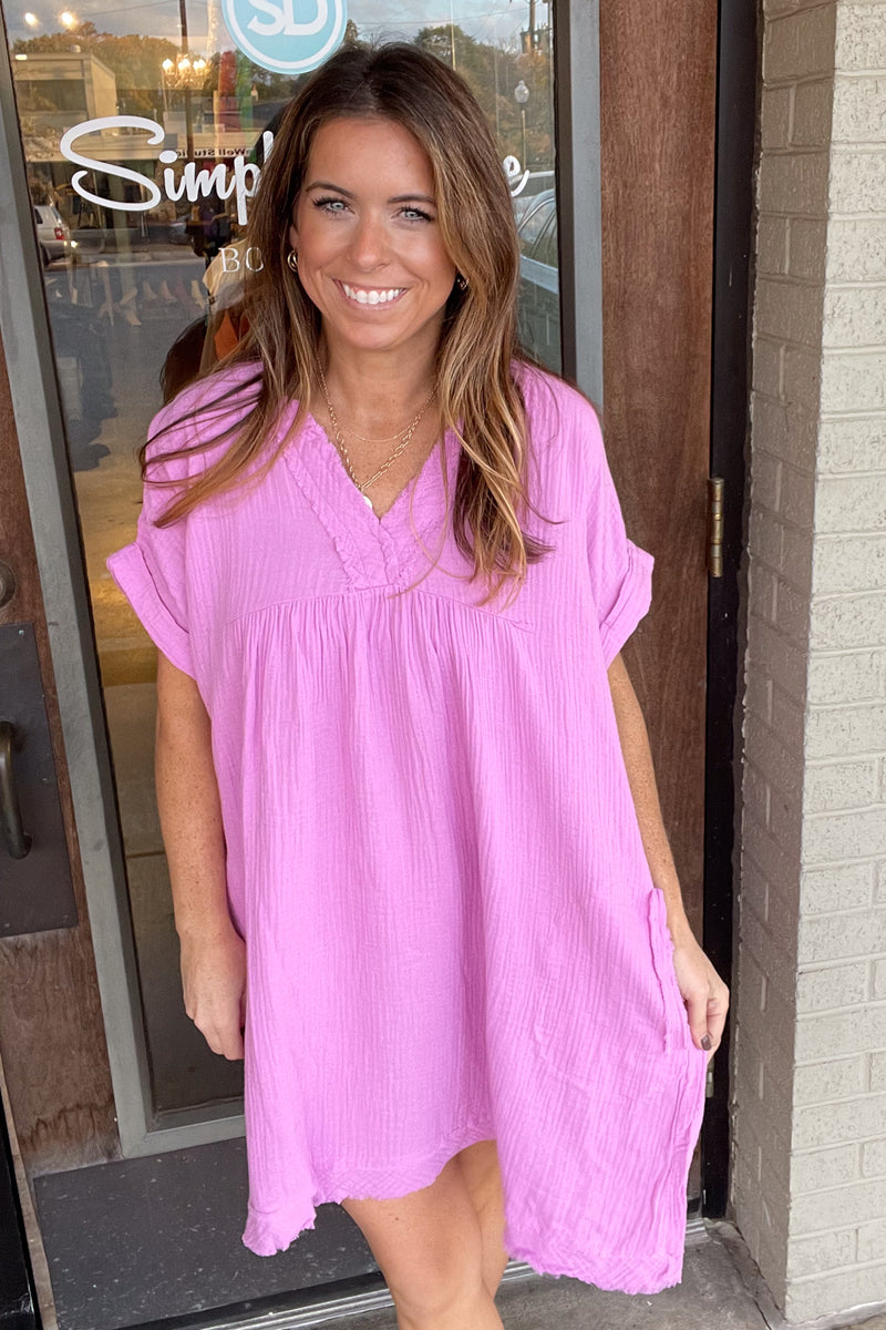 Zenana-Raw Edge Gauze V-Neck Dress