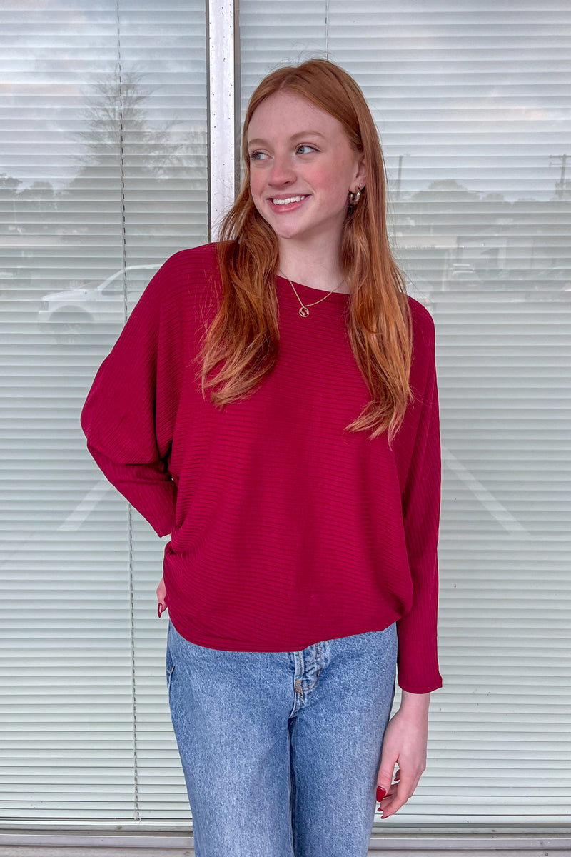 Burgundy Zenana Ribbed Batwing Sweater