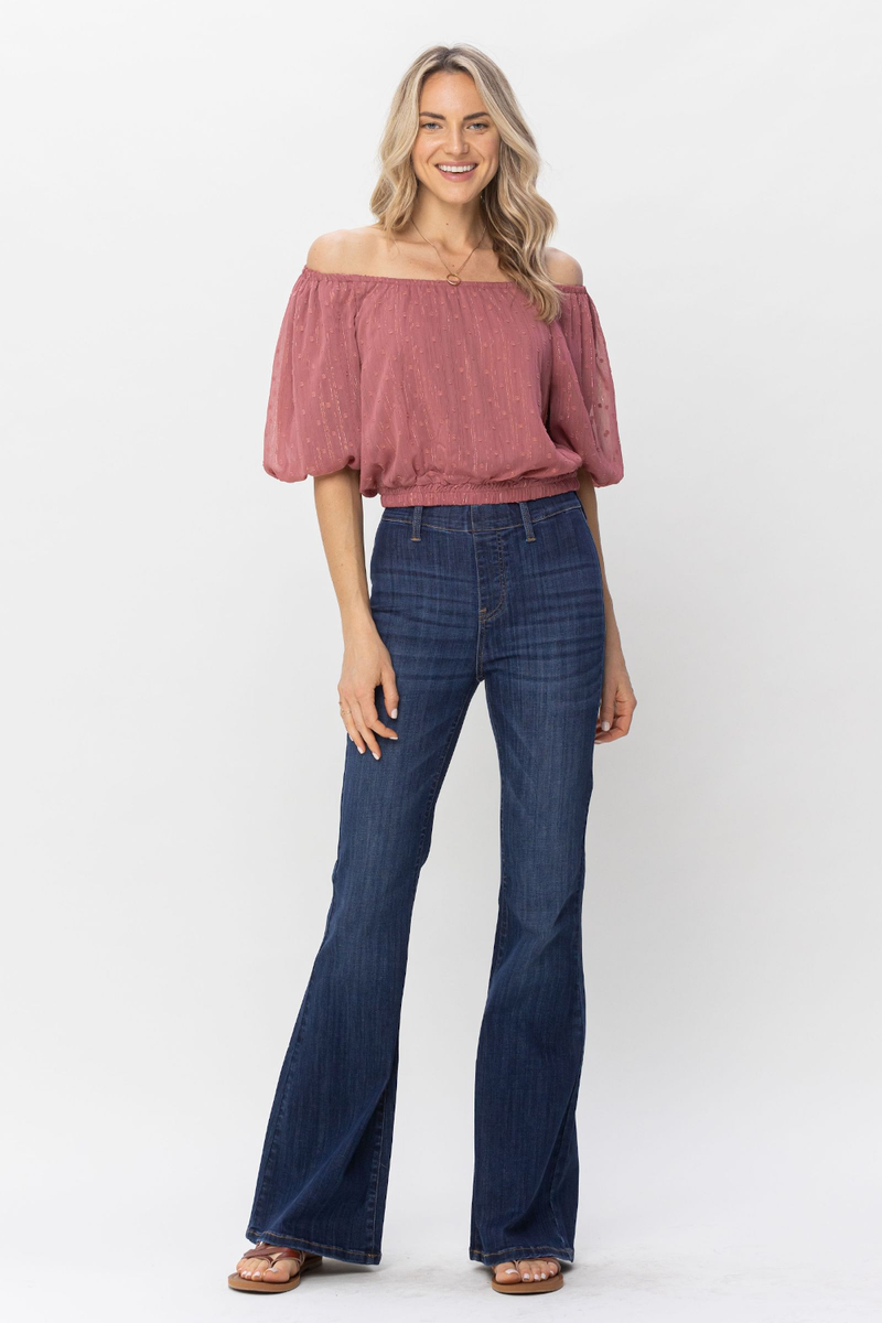 Judy Blue-High Waist Pull On Flare Jeans-Dark