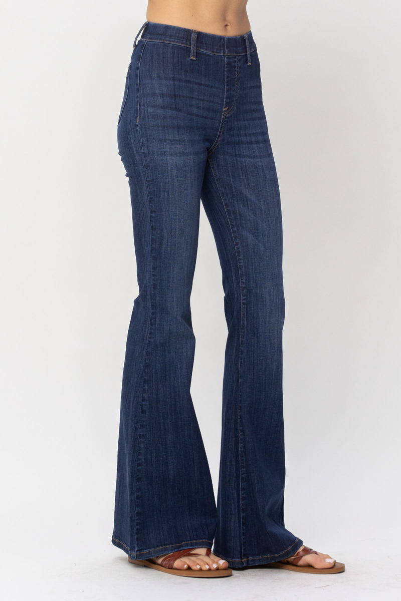 Judy Blue-High Waist Pull On Flare Jeans-Dark