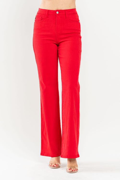 Judy Blue-High Waist Garment Dyed 90's Straight Jeans-Red