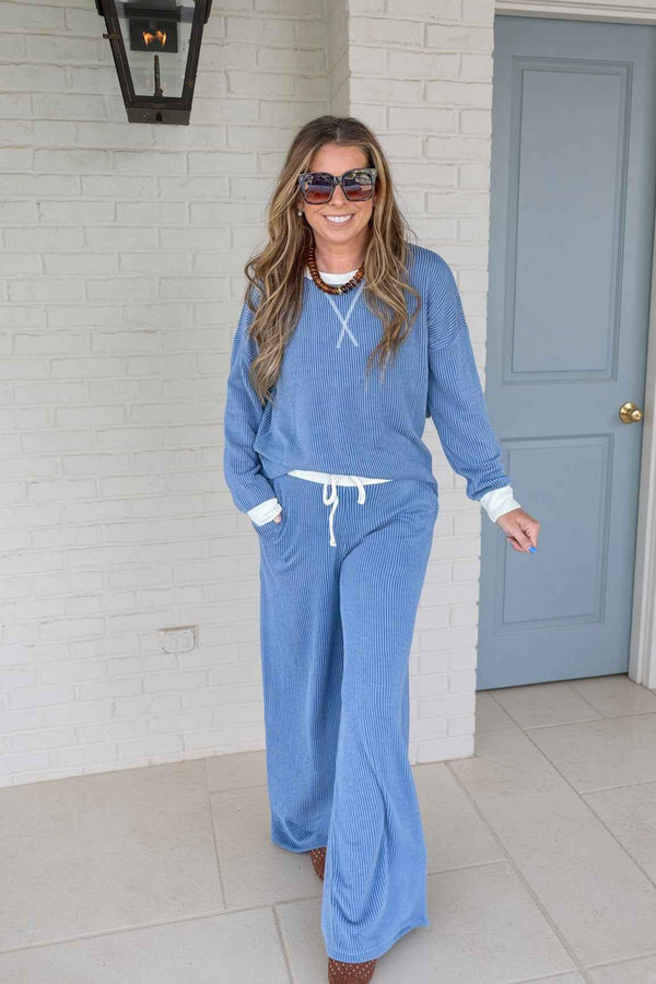 Zenana-Raised Rib Contrast Trim Pullover and Pants Set