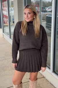 Turtleneck Pullover Sweater And Pleated Skirt Set-Dark Brown
