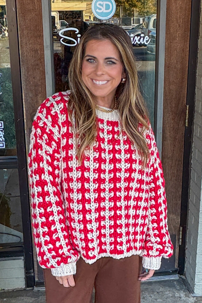 Red and White Chunky knit sweater