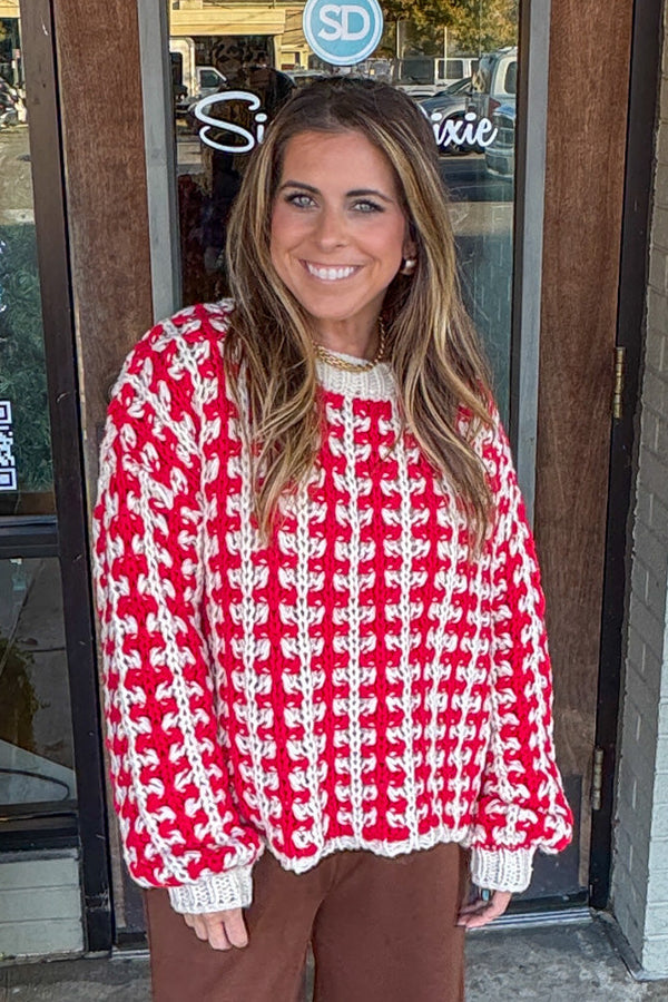 Red and White Chunky knit sweater