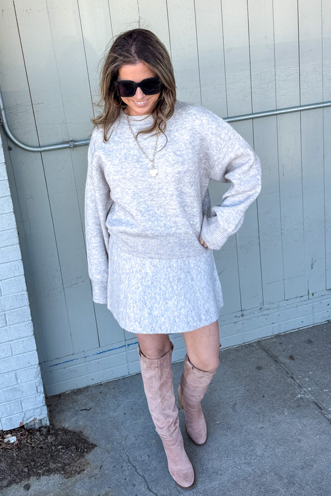 Turtleneck Pullover Sweater And Pleated Skirt Set-Oatmeal