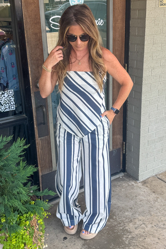 SALE-Linen Tube Top and Pants Set-Navy/White - Simply Dixie Boutique