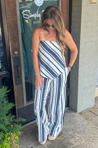 Linen Tube Top and Pants Set-Navy/White