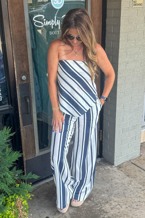 SALE-Linen Tube Top and Pants Set-Navy/White - Simply Dixie Boutique