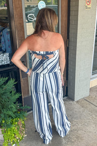 Linen Tube Top and Pants Set-Navy/White