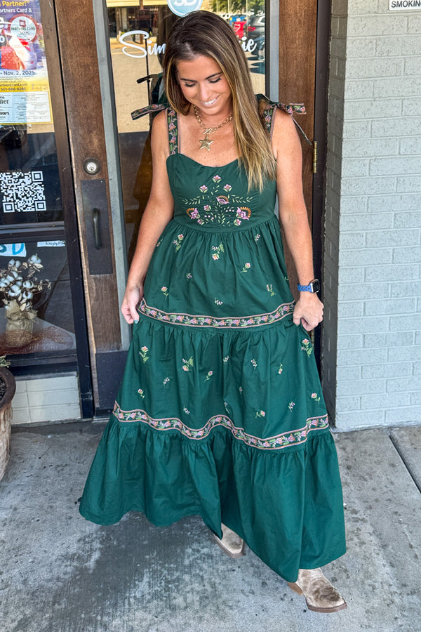 Mable Hunter Green Embroidered Dress tie straps