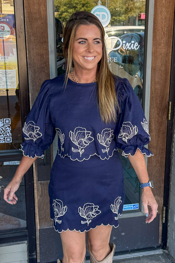 Mable Navy Embroidered Skirt Set
