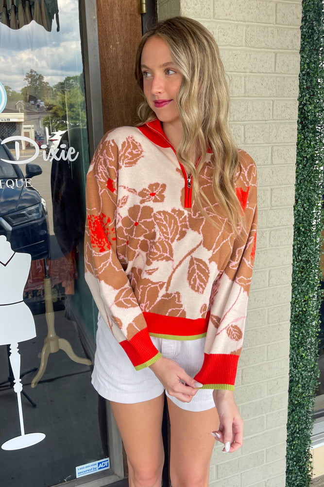 Mock Neck Half Zip Floral Sweater-Orange – Simply Dixie Boutique Mock Neck Half Zip Floral Sweater-Orange – Simply Dixie Boutique