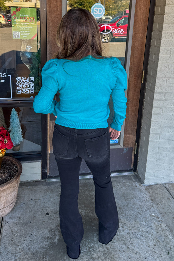 Puff Sleeve Basic Sweater-Alpine Green