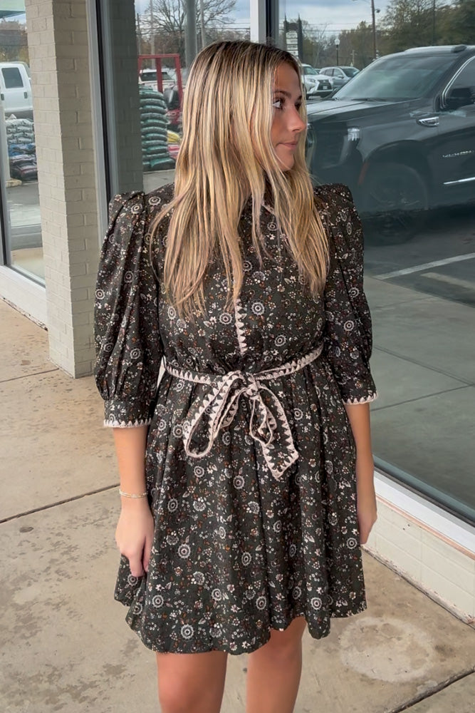 Taking Strolls Belted Dress-Olive