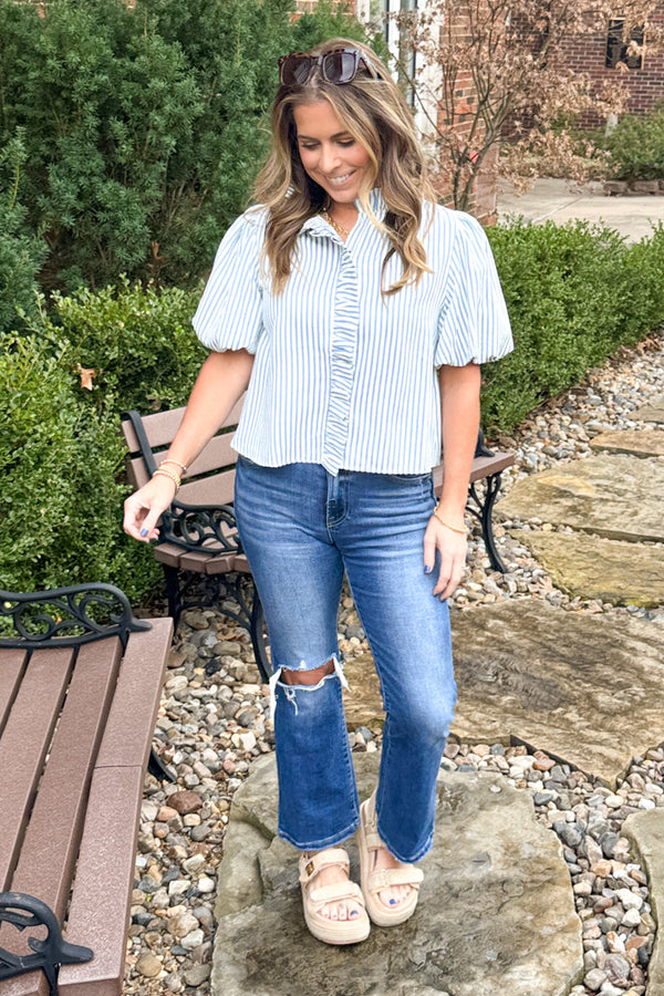 & Merci Blue Ruffle Trim Top