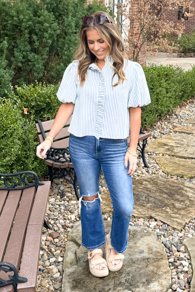 & Merci Blue Ruffle Trim Top