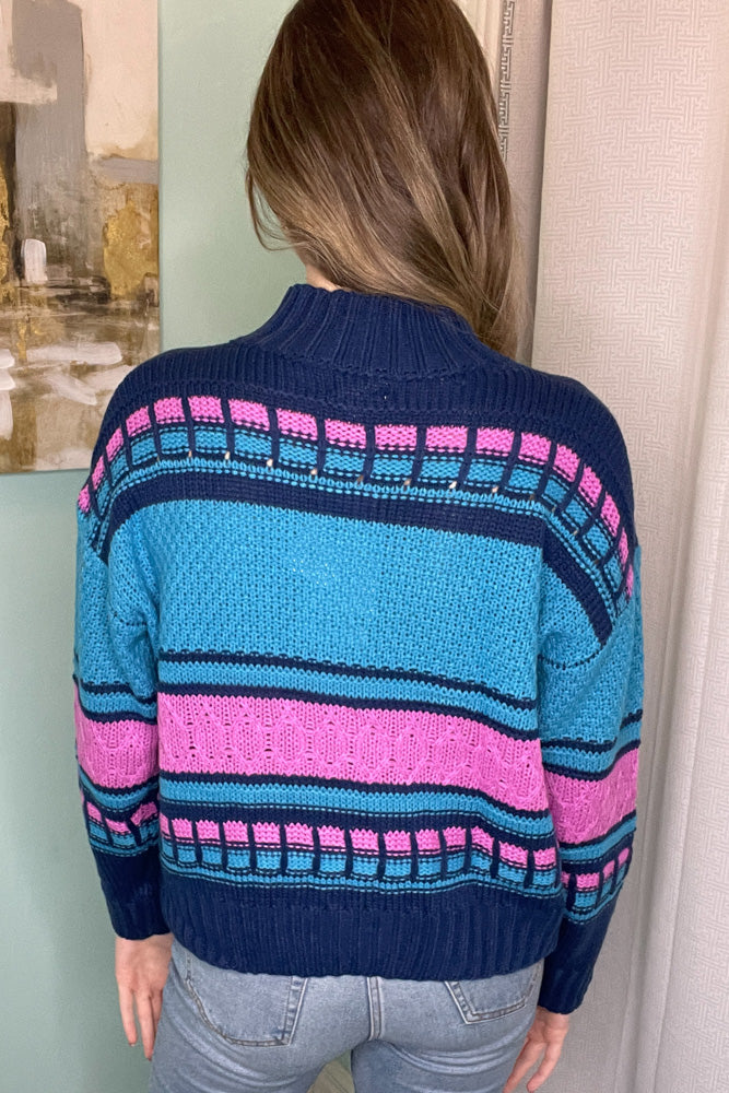 SALE-Cable Detail Mock Neck Sweater-Blue/Multi