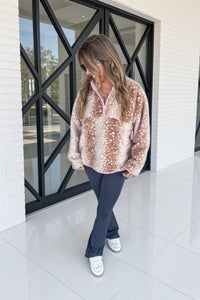Mocha deer print faux fur half zip pullover front view