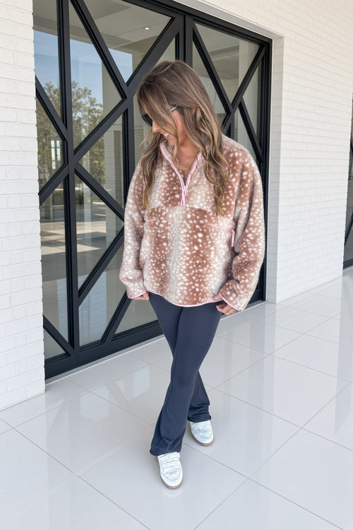 Mocha deer print faux fur half zip pullover front view