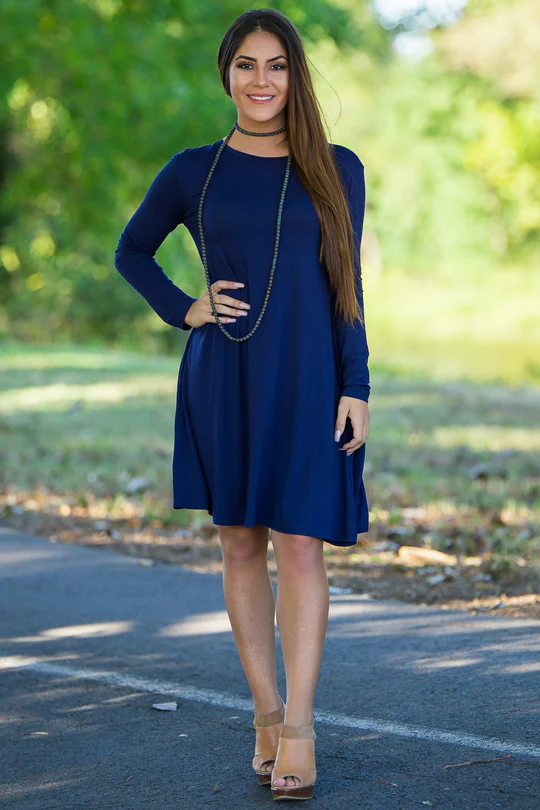 SALE-The Perfect Piko Long Sleeve Swing Dress-Navy - Simply Dixie Boutique