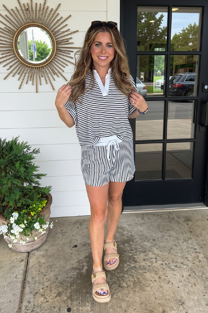 Navy Striped Zenana Shorts Set with collar