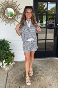Navy Striped Zenana Shorts Set with collar