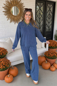 Zenana-Raised Rib Round Neck Pullover and Pants Set