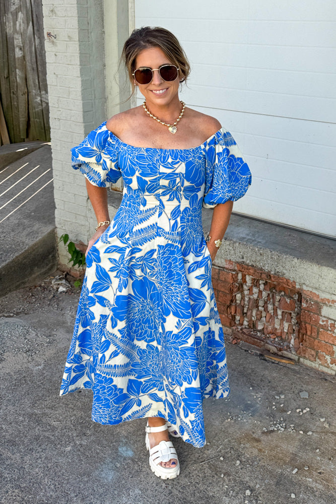 Olivaceous-Blue Floral Midi Dress