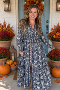 Olivaceous Navy Pattern Midi Dress