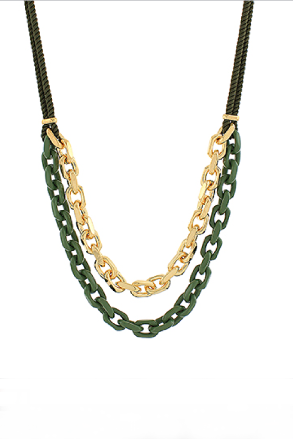 Layered Color Coated Chain & Cord Necklace-Olive
