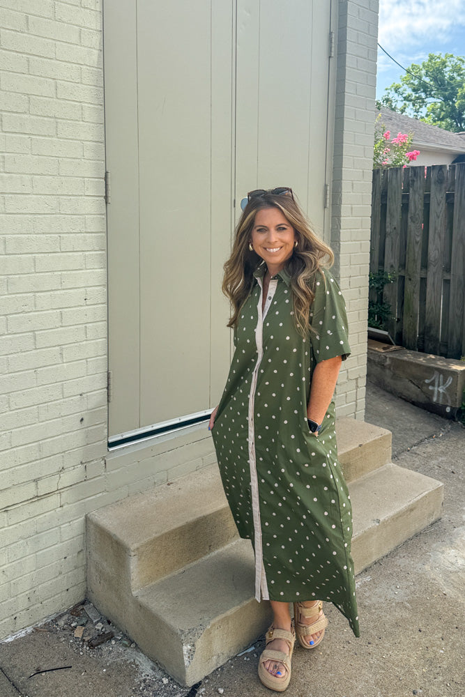 Dots Are Fun Midi Dress-Olive