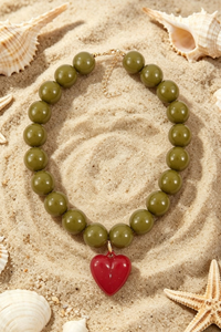 Olive Bead With Red Heart Necklace