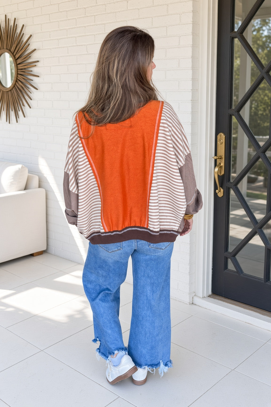 Oversized Orange Fall Sweatshirt With Stripes Back