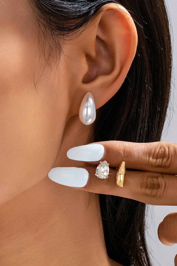 Teardrop Crystal Gold Pearl Trio Stud Earring Set-Gold