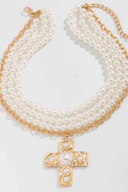 Pearl Layered Necklace With Cross Charm