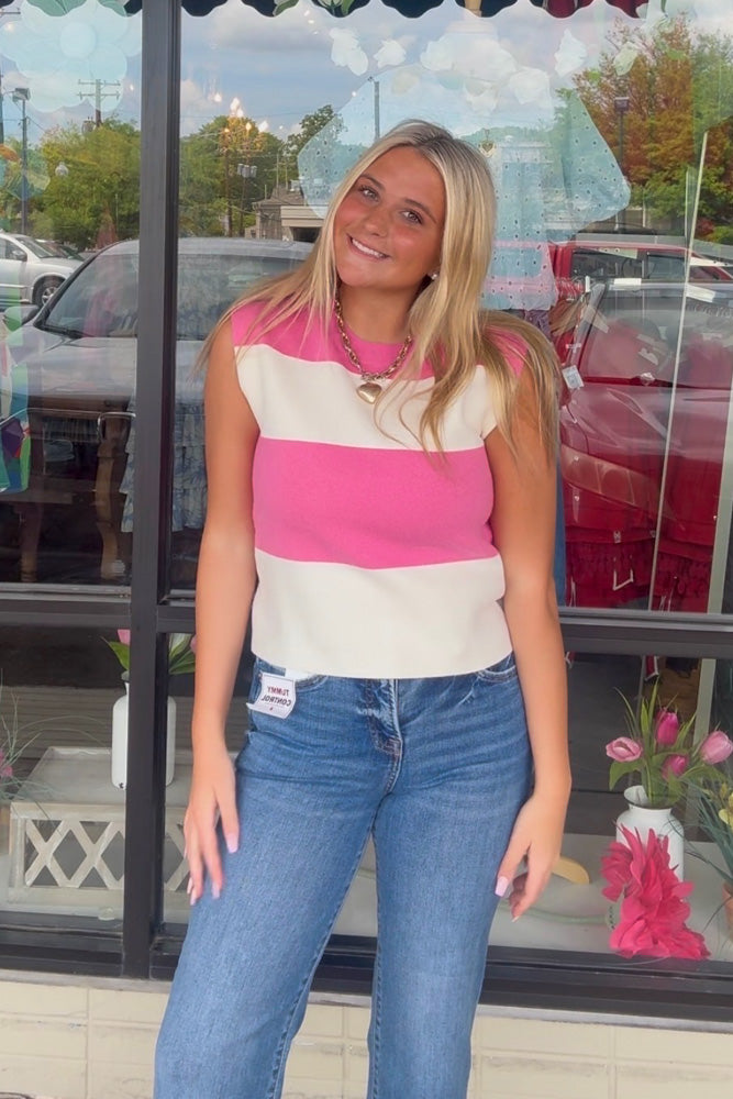 Pink Striped Sleeveless Sweater Top