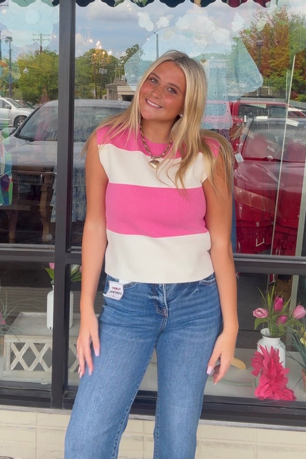 Pink Striped Sleeveless Sweater Top