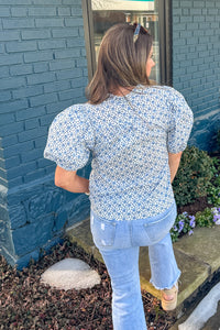 Fields On Blooms Puff Sleeve Top Back-Blue/White - Simply Dixie Boutique
