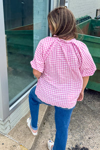 Gingham Bubble Sleeve Scallop Hem Top-Peony