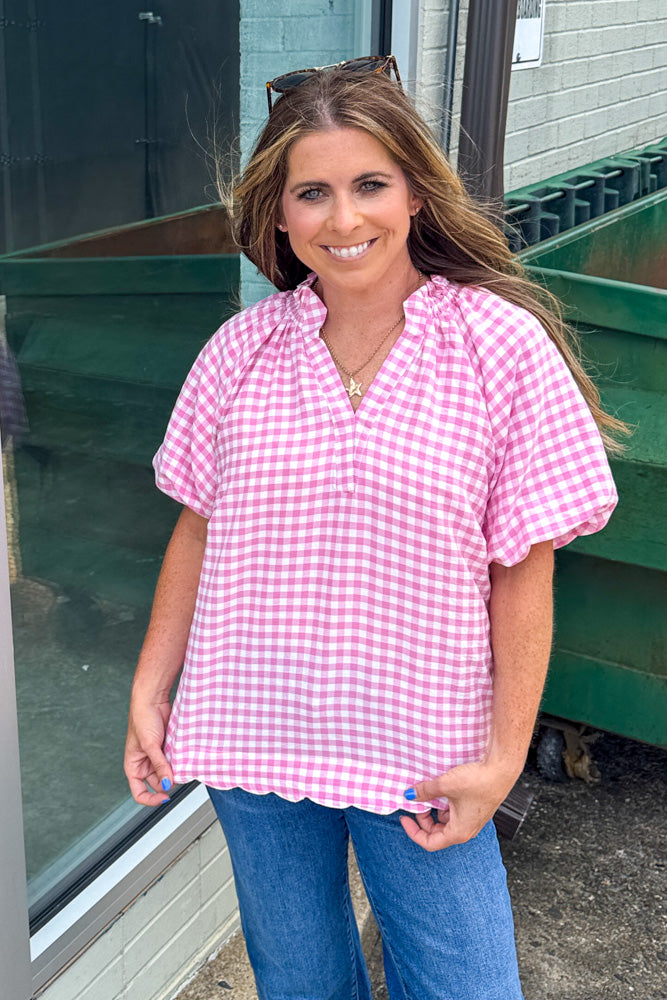 Umgee Pink Gingham Bubble Sleeve Top
