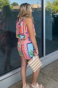 Retro Print Tropical Shorts Set - Coral