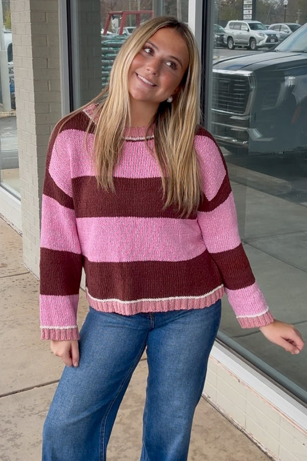 Just Another Night Striped Sweater-Pink/Brown