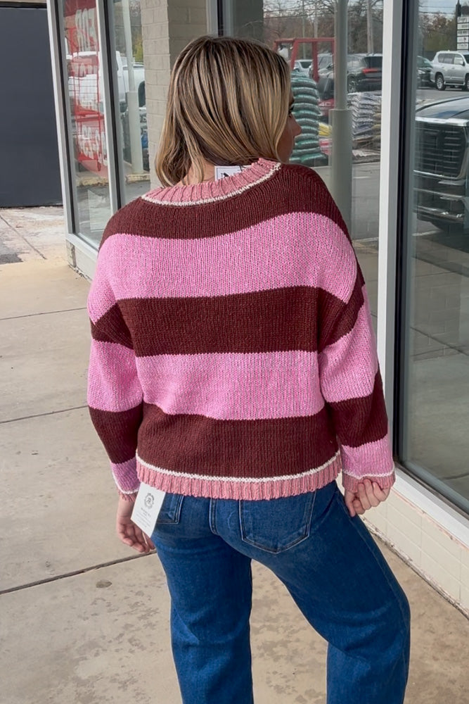 Just Another Night Striped Sweater-Pink/Brown