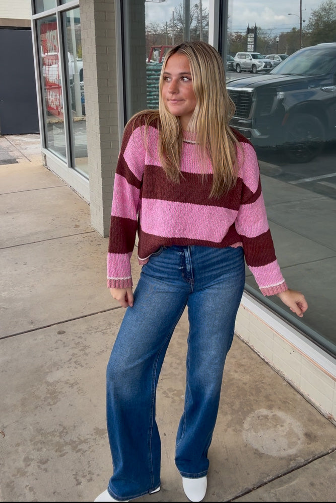 Just Another Night Striped Sweater-Pink/Brown