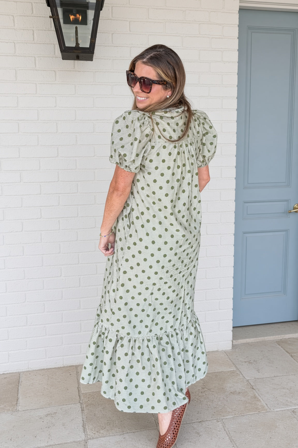 Entro Polka Dot Midi Dress Olive Back