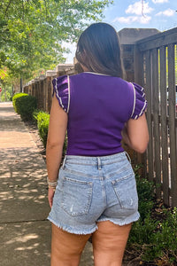 SALE-Contrasting Striped Sweater Bodysuit With Ruffle Sleeves-Purple