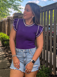 SALE-Contrasting Striped Sweater Bodysuit With Ruffle Sleeves-Purple