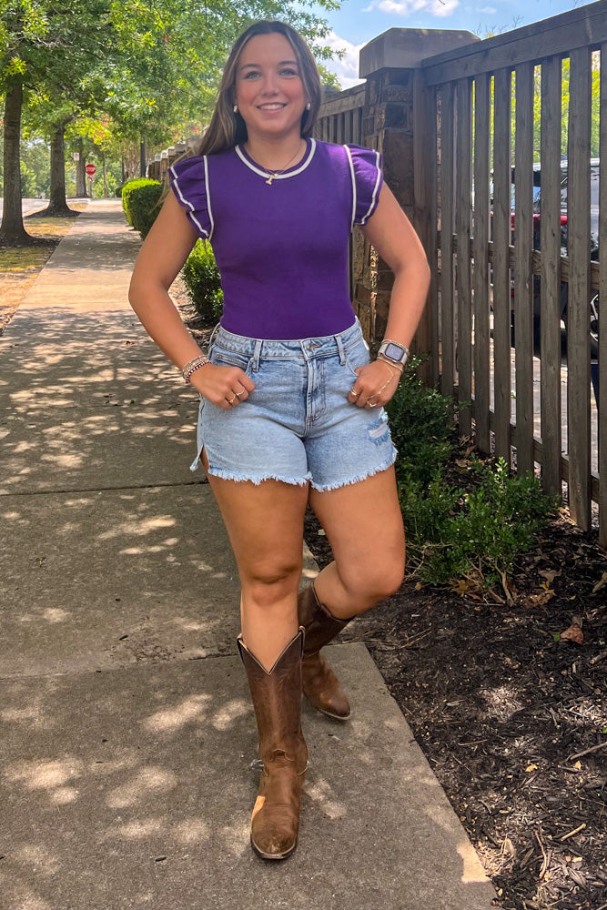 SALE-Contrasting Striped Sweater Bodysuit With Ruffle Sleeves-Purple