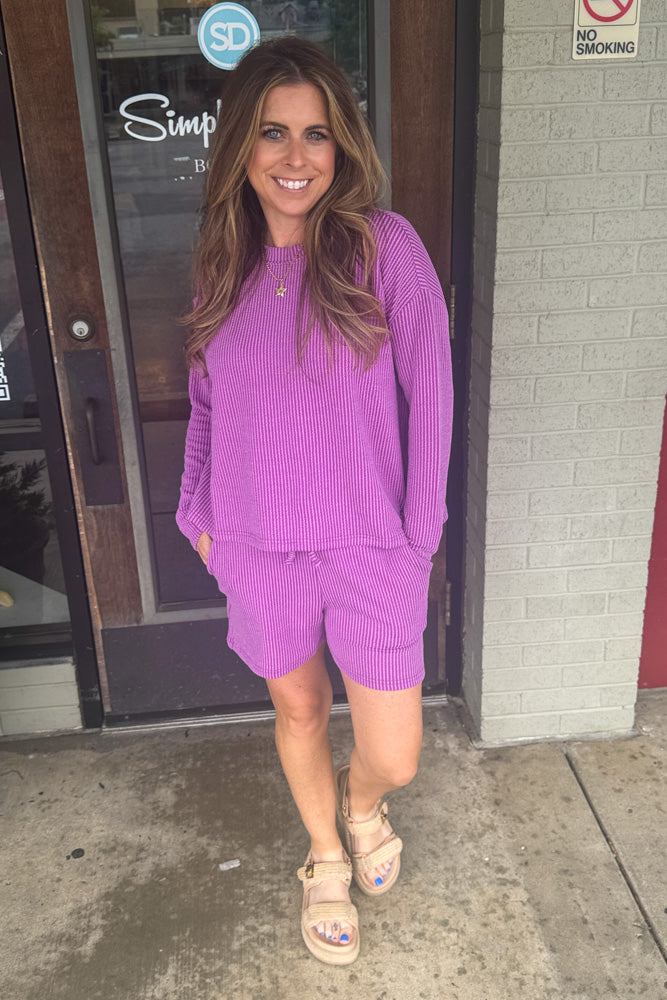 Zenana- Raised Rib Long Sleeve Tee and Shorts Set - Light Plum